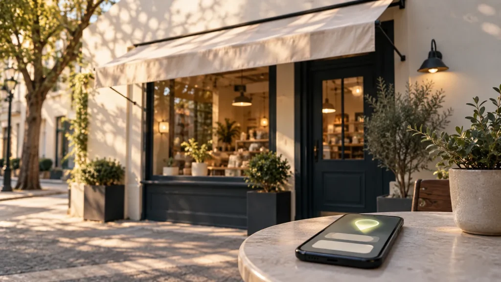 Storefront exterior with a smartphone showing a glowing map pin, for Google Business Profile optimization
