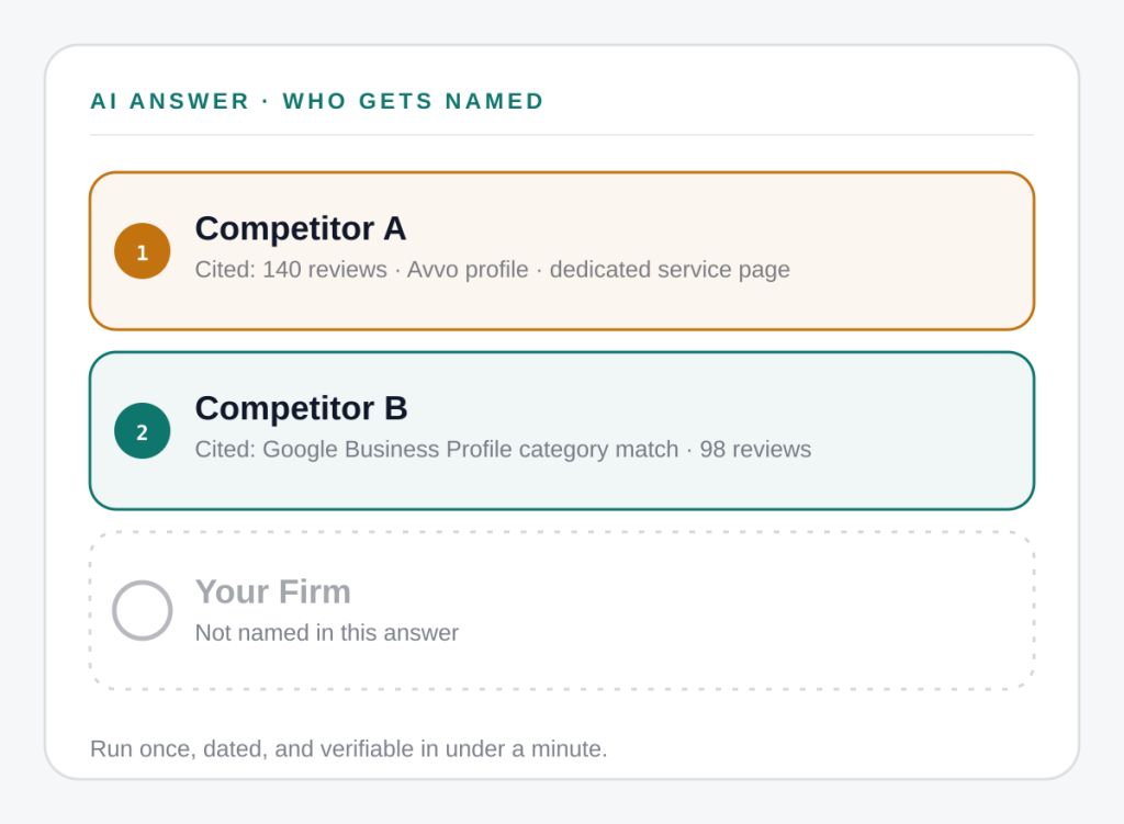 Diagram of a search result and an AI answer, with one competitor highlighted as the named result.