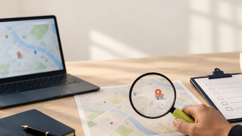 Magnifying glass reviewing a business location on a map, representing a local SEO audit for small businesses.