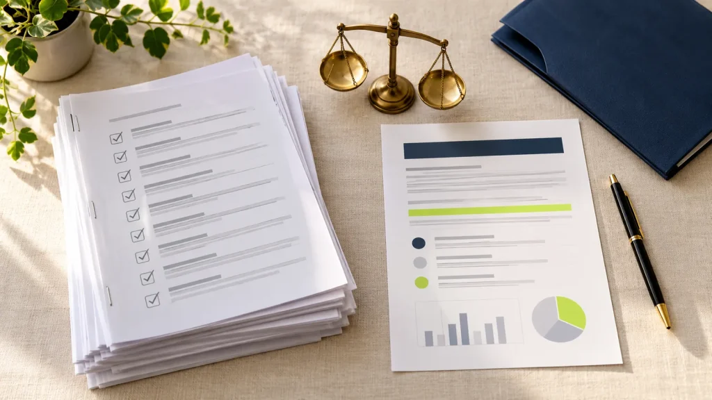 Thick stack of SEO checklist pages beside a single one-page report, with a brass balance scale between them