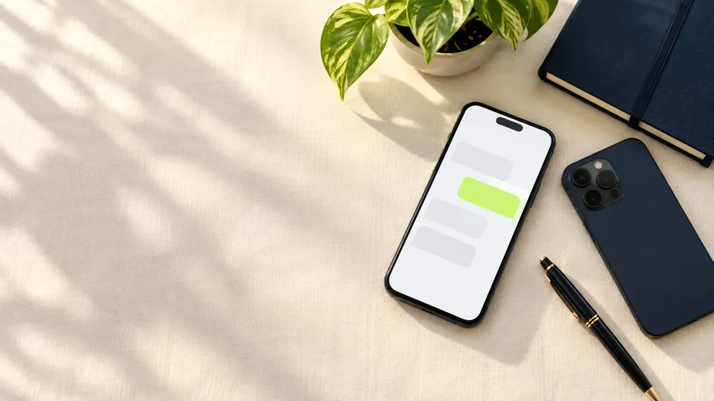Smartphone on a desk showing an AI chat with one answer highlighted in green, beside a second phone lying face down