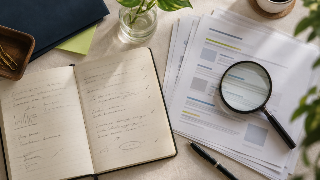Notebook and printed Google search results showing why a local business isn't showing up on Google