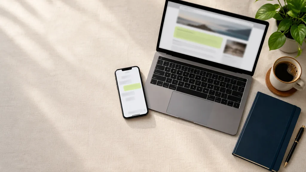 Laptop showing a web page with its first paragraph highlighted, next to a phone showing a chat answer