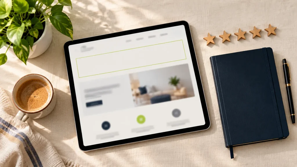 Tablet showing a business homepage with an empty outlined box where the review count should be, next to five wooden stars